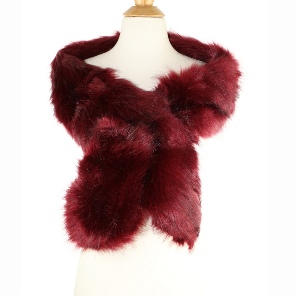 Burgundy Faux Fur Collar Scarf Cold Weather Shawl